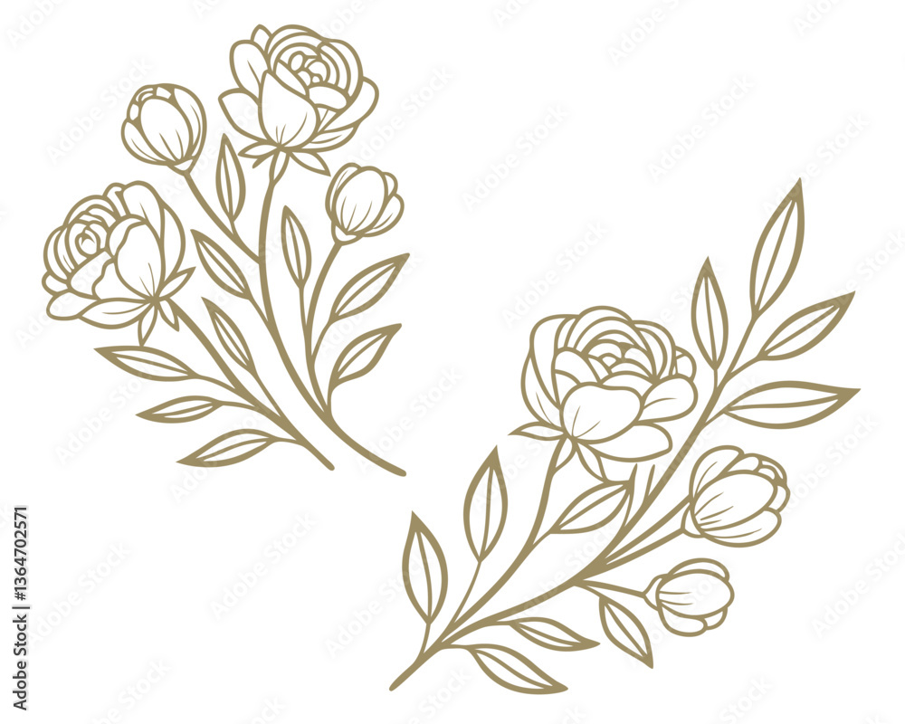Elegant floral line art illustration featuring delicate roses and leaves. Two beautiful rose branch drawings with buds, perfect for wedding designs. Elegant floral line art illustration featuring delicate roses and leaves. Two beautiful rose branch drawings with buds, perfect for wedding designs.