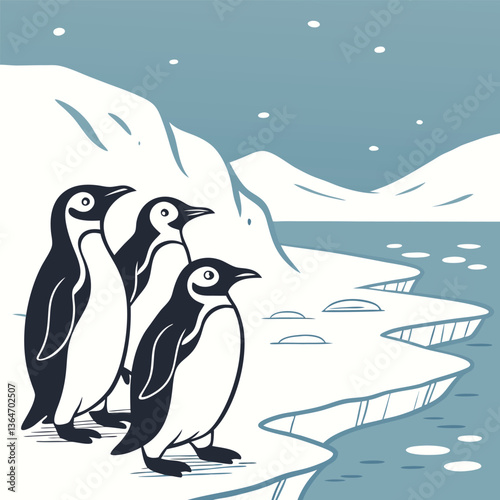 Penguin on Ice and Snow in Winter Wonderland