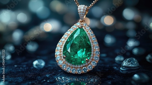 Resting on a dramatic midnight blue backdrop, an elegantly designed emerald pendant enhances its sophisticated appeal and radiant beauty.
