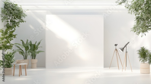 Minimalistic interior with plants and natural light, showcasing modern decor and open space.