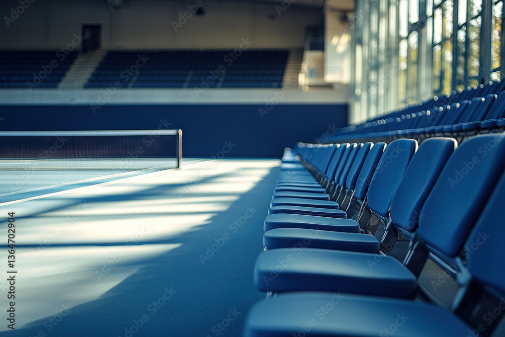 Rows of empty blue seats surround a tennis court in an indoor stadium. Light from a window falls on the empty tennis court. Rows of empty blue seats surround a tennis court in an indoor stadium. Light from a window falls on the empty tennis court.