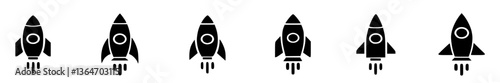 Vector set of cartoon rocket icons representing startup, innovation, fire, and speed. Modern space shuttle symbols for technology, science, astronomy, and future launch concepts