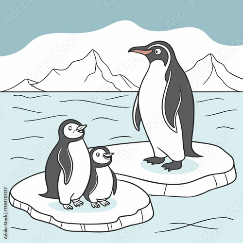 Carta da parati Penguin on the ice and in the snow in a cute winter scene