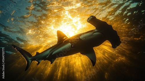 A captivating perspective underwater of a hammerhead shark, highlighting its unique outline against the shimmering surface lit by the sun.
