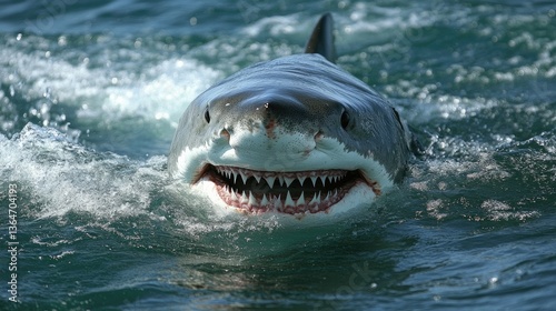 A great white shark revealing its intimidating teeth swims in the deep blue ocean in an enthralling image.