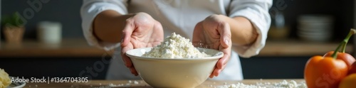 Woman chef enthusiastically clapping hands over a mixing bowl with white flour splashing out , flour, utensils
