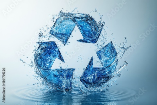 Blue Water Recycling Symbol Splashing in Clear Water Against a Light Background