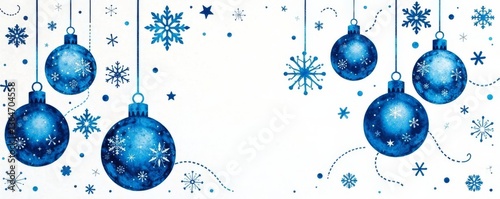 Abstract blue Christmas decorations isolated on white background with hand-made linoprint elements , icicles, blue