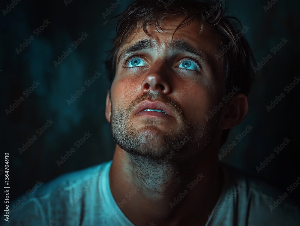 Obraz premium Intense Gaze: Captivating Portrait of a Hopeful Male Model in Studio Lighting