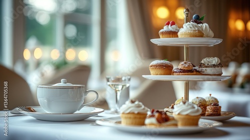 A sophisticated display of high tea featuring premium gourmet pastries and teas at an exquisite five-star hotel with elegant tableware.