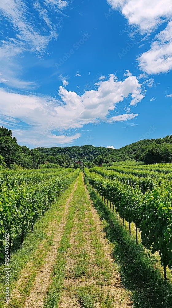 Fototapeta premium Lush Rows of Green Crops Under a Blue Sky at an Organic Farm