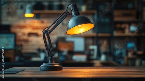 A black metal desk lamp in industrial style casts dramatic light on an empty workspace, enhancing creativity and focus.