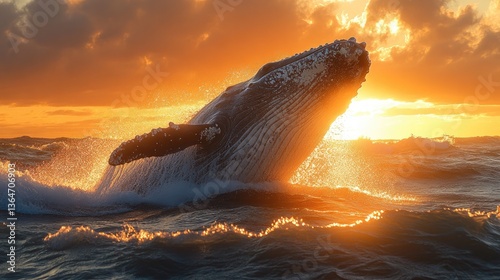 An intense shot of a whale breaching the surface, water cascading around it as sunlight dances on the ocean, action.