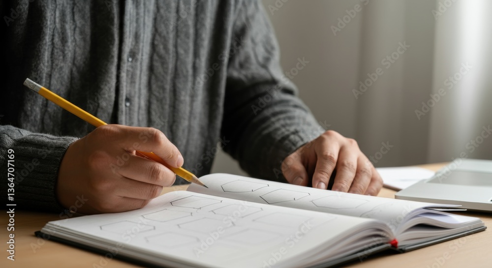 Young male studying architecture with sketchbook and pencil at desk Young male studying architecture with sketchbook and pencil at desk