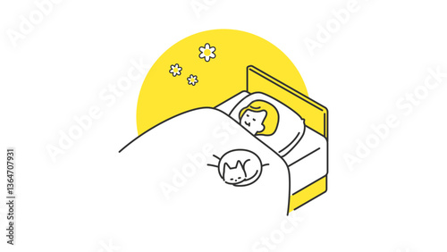 睡眠：猫と一緒にベッドで眠るシニア女性