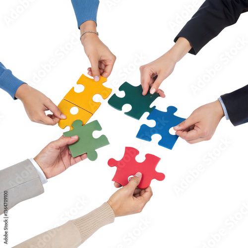 Hands holding a jigsaw puzzle piece represent teamwork and the concept of finding a business solution through connection and partnership