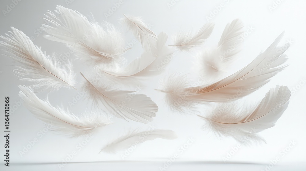 Obraz premium Drifting gently in the air, capture multiple fluffy feathers against a pristine white background, evoking a whimsical and dreamy atmosphere.
