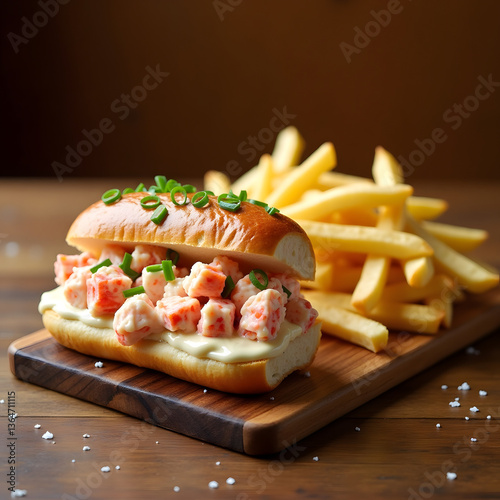 A buttery lobster roll filled with chunks of lobster, mayonnaise, and chives, served with a side of crispy fries.