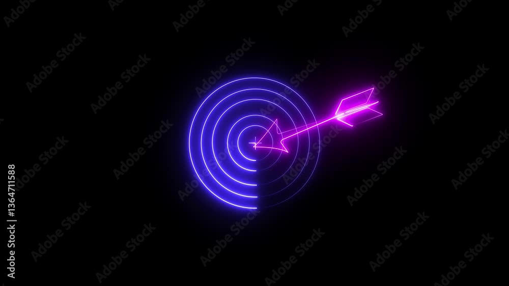 Marketing targeting strategy symbol. Aim goal target icon arrow sign 4k animated. neon effect, Target, Aim, Goal icons. This stock video features a glowing target with an arrow aiming for the bullseye