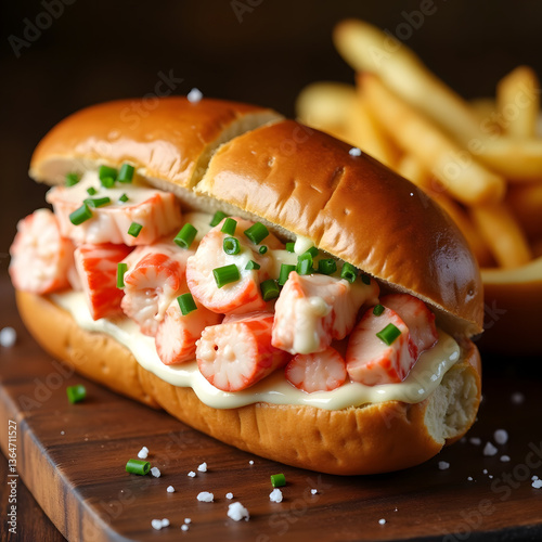 A buttery lobster roll filled with chunks of lobster, mayonnaise, and chives, served with a side of crispy fries.