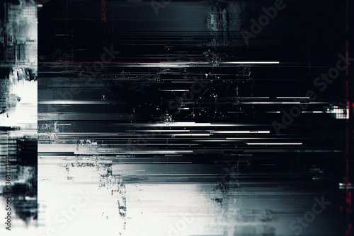 A dark, glitchy, and distorted digital screen with horizontal scan lines, static noise, and VHS-style interference. 