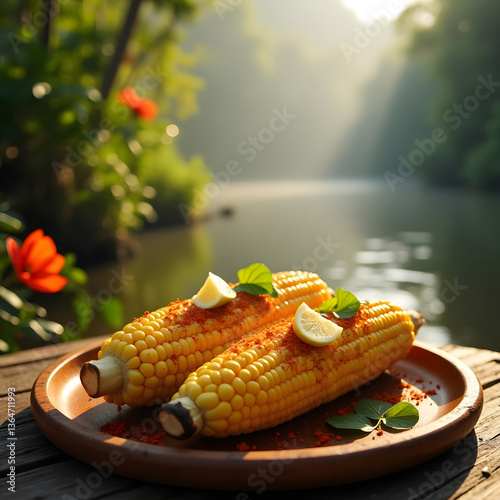  Freshly grilled corn on the cob, brushed with butter and sprinkled with chili powder and lime, served on a wooden platter.