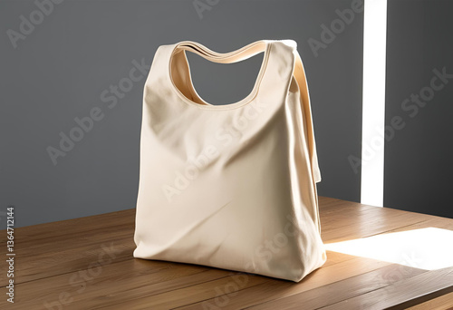 Minimalist canvas tote bag placed on a wooden table with natural sunlight, perfect for eco-friendly shopping, casual outings, or modern lifestyle branding. photo