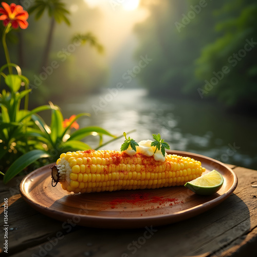  Freshly grilled corn on the cob, brushed with butter and sprinkled with chili powder and lime, served on a wooden platter.