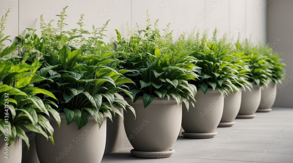 Fototapeta premium Green plants planted in flowerpots by the wall
