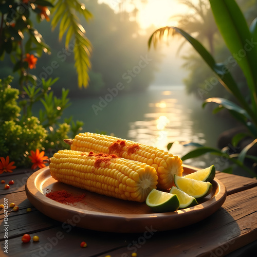  Freshly grilled corn on the cob, brushed with butter and sprinkled with chili powder and lime, served on a wooden platter.
