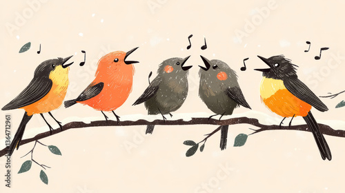 Adorable illustration of singing chirping birds on branches colorful cute birds and branches with leaves cheerful happy rejoicing fauna symphony birdsong outdoors green background with copy space