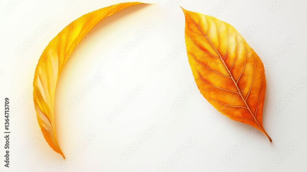 Fototapeta premium Two Dried Yellow Leaves on White Snowy Background