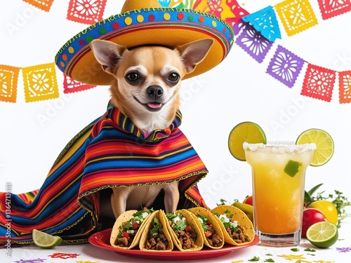 Cute chihuahua in a traditional mexican sombrero celebrating Cinco de mayo