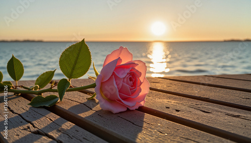 Single pink rose with fresh petals on wooden dock at golden hour, romantic concept