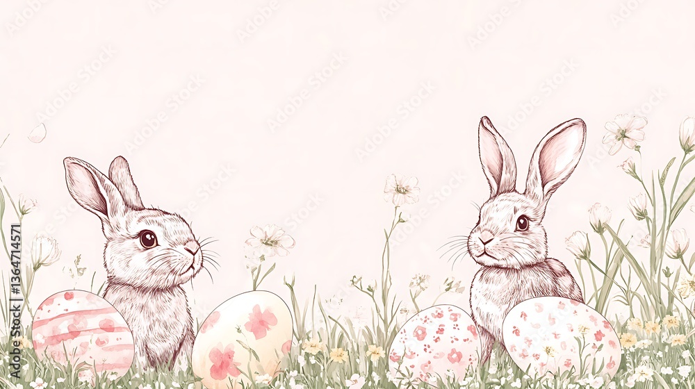 Obraz premium Easter Bunnies Eggs Meadow. (7)
