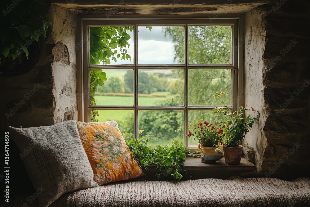 Fototapeta premium A cozy window seat adorned with cushions and potted plants, offering a serene view of lush greenery. Perfect for moments of relaxation and contemplation in a tranquil setting.