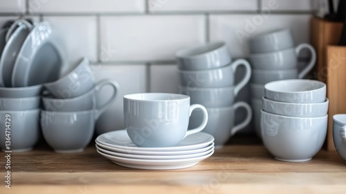 Wallpaper Mural Elegant Gray Cups and Plates Stacked on Countertop in Kitchen Torontodigital.ca