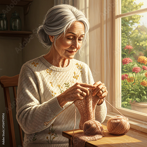 Elderly woman knitting in a sunny room with vibrant flowers  