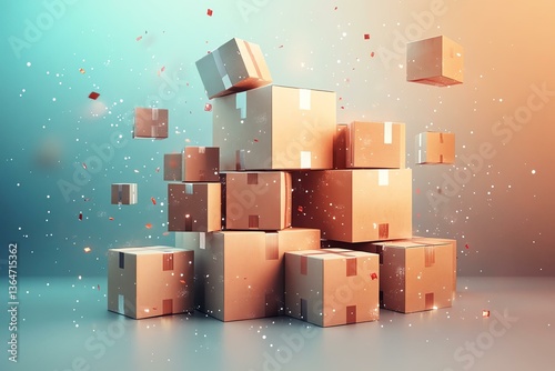 A dynamic arrangement of various cardboard boxes floating in a surreal setting, exemplifying logistics, shipping, and e-commerce concepts with a modern graphic twist.