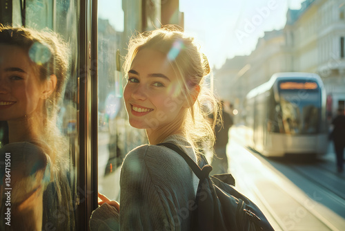 A photo of an attractive young woman standing at the bus stop, smiling and looking over her shoulder as she takes off her backpack.