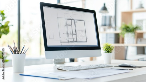 Modern office desk with computer showing architectural design, with natural light and plants.