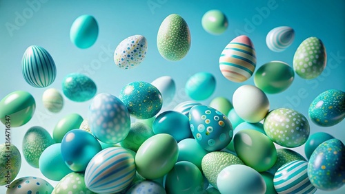 Aerial View of Pastel Blue and Green Easter Eggs Falling on Light Blue Background