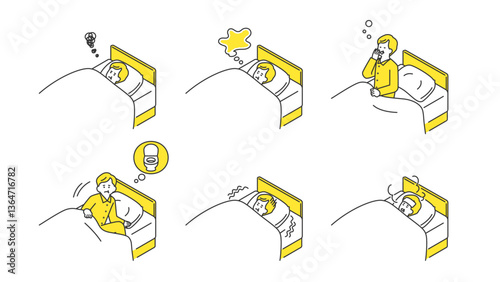 睡眠：ベッドで安眠できないシニア男性　セット、バリエーション