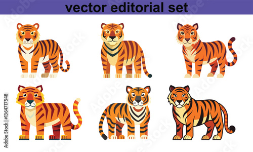 Tiger Vector Editorial Set, A fierce and vibrant set of tiger illustrations in vector format, perfect for creative and editorial design projects.
