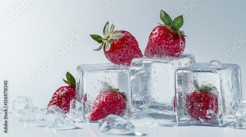 Fresh strawberries on ice cubes
