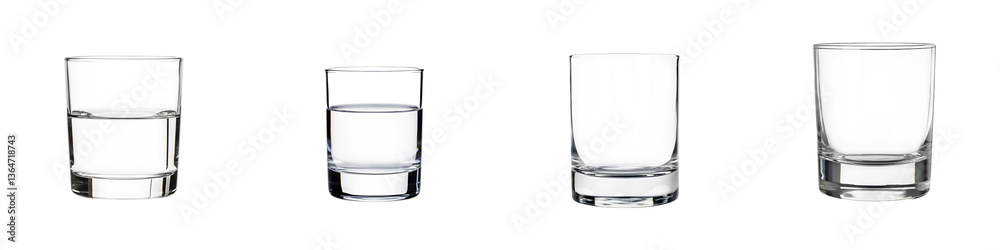 A row of four elegant transparent glasses in different shapes and sizes suitable for serving a variety of drinks such as water wine or cocktails A row of four elegant transparent glasses in different shapes and sizes suitable for serving a variety of drinks such as water wine or cocktails