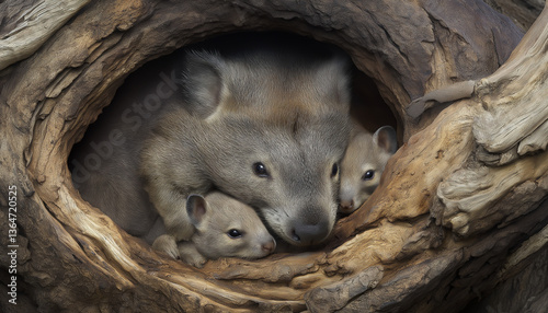 Adorable Wombat Family Huddled in Tree Hollow, Wildlife Sanctuary