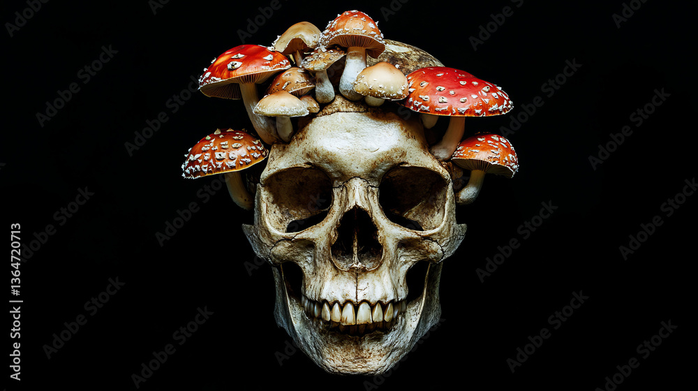 Naklejka premium Dark academia illustration trippy skull with magic mushrooms growing out of it isolated on black background smile, copy space shrooms psychedelic hallucinogenic heroic dose party micro dose,