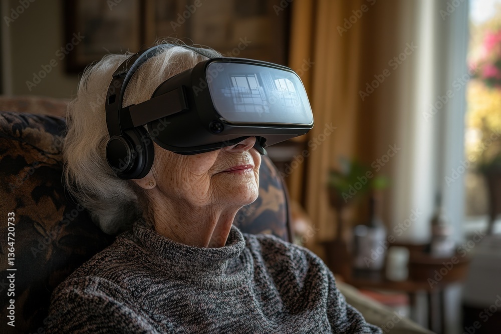 Elderly Woman Enjoying Virtual Reality Experience with Headset and Headphones at Home Elderly Woman Enjoying Virtual Reality Experience with Headset and Headphones at Home