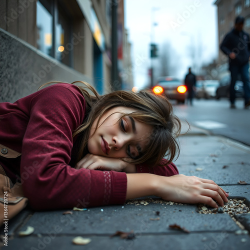Vulnerable Teenage Girl Sleeping On The Street
